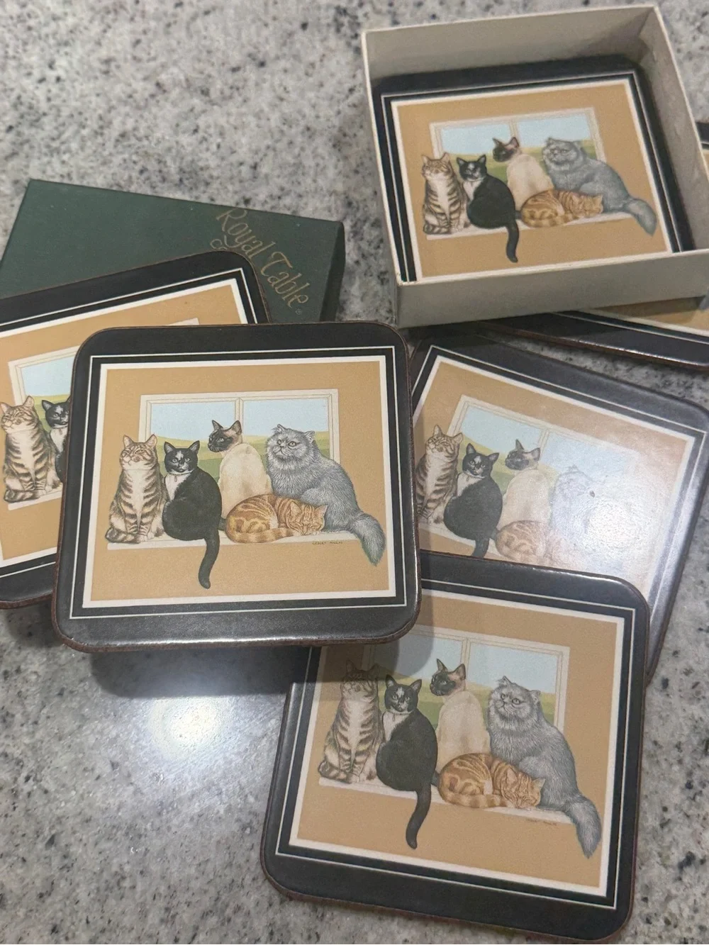 Vintage Royal Table Sitting Pretty Cat Coasters Set of 6 with Original Box